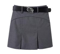 WEITING Free Belt Y2K Retro Kurzes Kleid Damen Hohe Taille Panel A-Linie Lässiger Faltenrock Halblanges Kleid-Dunkelgrau-S