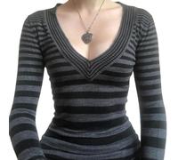 WEITING Gestreifter Damenpullover V-Ausschnitt Slim Fit Pullover Damen Top-Schwarz-L