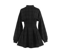 WEITING Goth Kleid Gothic Harajuku Vintage Plaid Wrap Balck Minikleid Retro Plissee Punk Langarm Dark Emo Ästhetik -Graues Gitter,M
