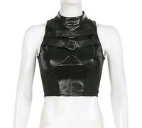 WEITING Gothic Dark Faux PU Panel Damen T-Shirts Gothic Skinny Mock Neck Crop Tops Lange Ärmel Mode Streetwear-ärmellos-M