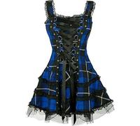 WEITING Gothic Dark Plaid Bandage Gothic Damen A-Linie Kleid Schönes Spitzenbesatz-Minikleid Punk Slim Sexy Party Wear-Blau-M