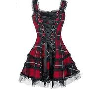 WEITING Gothic Dark Plaid Bandage Gothic Damen A-Linie Kleid Schönes Spitzenbesatz-Minikleid Punk Slim Sexy Party Wear-Rot-M