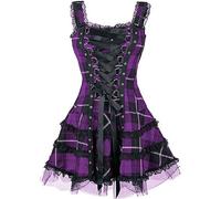 WEITING Gothic Dark Plaid Bandage Gothic Damen A-Linie Kleid Schönes Spitzenbesatz Minikleid Punk Slim Sexy Party Wear-lila-XXL