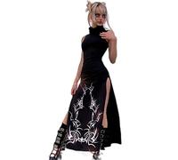 WEITING Gothic Dark Style Bedrucktes Rollkragenpullover, ärmellos, Seitenschlitz, Bodysuit, Midikleid, sexy Street Grunge Punk Damenkleid-Schwarz, S