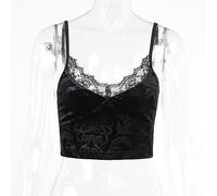 WEITING Gothic Dark Vintage Gothic Samt Schwarz Damen Tank Top Punk Sexy Spitzenbesatz Kurztop Elegant Rückenfrei Streetwear-schwarz-S