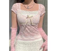 WEITING Gothic Dim Gothic Pink Spitze süßes T-Shirt Damen Harajuku kurzes Top kokett und schön Streetwear Sommer-Rosa-L
