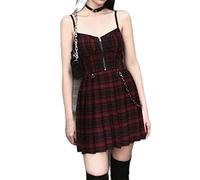 WEITING Gothic Mädchen Plaid Plissee Punk Kleid Padppy Style Rot Schwarz Spaghettiträger Sexy Ärmellos Mini Kurze Kleider Goth Streetwear-Rot Karo, L