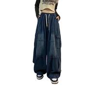 WEITING Harajuku Vintage Blue Cargo Jeans Damen Übergroße Y2K Grunge Schwarze Jeanshose Hip Hop Streetwear Hose mit weitem Bein
