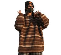 WEITING Herbst/Winter Großer Fat Sister Vintage Lazy Gestreifter Wollpullover mit lockeren Taschen und Rundhalsausschnitt für Damen-Schokoladenfarbe-S