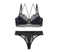 WEITING Hoch tailliertes, sexy, ultradünnes, verstellbares Push-up-BH-Set mit Spitze hinten, Schwarz, mit Tanga, 75A