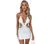 WEITING Hollow Out Halfter Sexy Minikleid Frauen Sommer Ärmellos Rückenfrei Skinny Club Party Strick Tank Kleid-Weiß, M