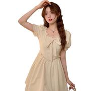 WEITING Koreanischer eleganter adretter Stil Damen solides Minikleid Sommer quadratischer Kragen Schleife süßes Prinzessinnenkleid Puffärmel Kawaii gestuftes Kleid-Khaki, S