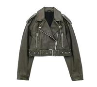 WEITING Lockere Jacke für Damen im Herbst, Hot-Girl-Revers-Kunstlederjacke-Olivgrün-XS