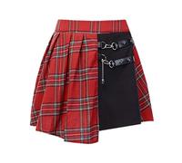 WEITING Mode Streetwear Schnalle Weiblicher Goth Rock Gothic Punk Röcke Frauen Rot Karierter Faltenrock Hohe Taille Patchwork Minirock-92132-1,M