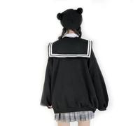 WEITING Navy-Kragen-Sweatshirt, Studentin, japanische Matrosenuniform, JK-Uniform, süße Jacke mit Puffärmeln, Oberteil im College-Stil, Schwarz, XL