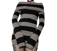 WEITING New Goth Kleider Punk Gothic Witchy Dark Academia Frauen Schulterfreies Strickkleid Y2K Fee Grunge Kleider Halloween Wear-Dunkelgrau, S