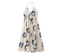 WEITING Rückenfreies Strand-Maxikleid für Damen, Sommer, Blumendruck, V-Ausschnitt, ärmellos, Urlaub, Party, Maxikleid, Vintage, Damen-Beige-L