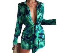 WEITING Schickes Blumendruck-Laple-Mini-Hemdkleid für Frühling und Sommer, langärmelig, tiefes V, figurbetontes Wickelkleid, kurzes Kleid für Party-B, M