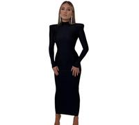 WEITING Schulter Gepolstertes Langarm Bodycon Grün Party Club Maxi Langes Kleid Frühling Herbst Frauen Mode Elegante Kleidung - Schwarz, S