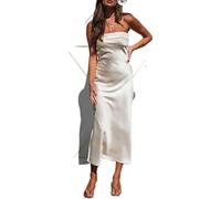 WEITING Schulterfreies Schlauchkleid für Damen, elegant, Sommer, rückenfrei, Träger, Seide, Satin, Party, langes Kleid, Vestidos-Beige, M