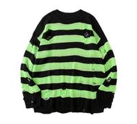 WEITING Schwarzer gestreifter Pullover, zerrissener Pullover, Herren-Pullover, ausgehöhlter Loch-Strickpullover, Punk-Unisex-lose, übergroße Pullover, Streetwear-Grün-S
