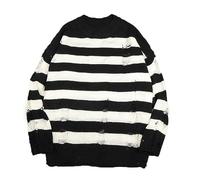 WEITING Schwarzer gestreifter Pullover, zerrissener Pullover, Herren-Pullover, ausgehöhlter Loch-Strickpullover, Punk-Unisex-lose, übergroße Pullover, Streetwear-Weiß-XL