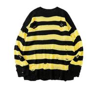 WEITING Schwarzer gestreifter Pullover, zerrissener Pullover, Herren-Pullover, ausgehöhlter Loch-Strickpullover, Punk-Unisex-lose, übergroße Pullover, Streetwear, Gelb, S