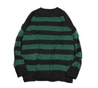 WEITING Schwarzer gestreifter Pullover, zerrissener Pullover, Herren-Pullover, ausgehöhlter Loch-Strickpullover, Punk-Unisex-lose, übergroße Pullover, Streetwear-Deep Green-XL