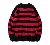 WEITING Schwarzer gestreifter Pullover, zerrissener Pullover, Herren-Pullover, ausgehöhlter Loch-Strickpullover, Punk-Unisex-lose, übergroße Pullover, Streetwear, Rot, M