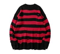 WEITING Schwarzer gestreifter Pullover, zerrissener Pullover, Herren-Pullover, ausgehöhlter Loch-Strickpullover, Punk-Unisex-lose, übergroße Pullover, Streetwear, Rot, XL