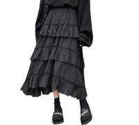 WEITING Schwarzer Langer Rock für Damen, Gothic-High-Low-Plissee-Rüschen, asymmetrischer, mittellanger Rock mit hoher Taille und koreanischer Mode - Schwarz - Einheitsgröße