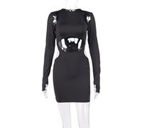 WEITING Schwarzes ausgehöhltes sexy Minikleid Damen Robe Mode Frühling O Ausschnitt Vollarm Skinny Party Kurzes Kleid - Schwarz, Xs