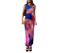 WEITING Sexy Ärmelloses rückenfreies Sommer-Maxikleid Frauen Batikdruck geteiltes schlankes langes Kleid elegante Partykleider Vestido-C, S