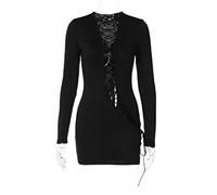 WEITING Sexy aushöhlen, ausgeschnittenes Minikleid für Damen, Herbst, neues schwarzes, kurzärmliges, kurzes Kleid mit Spitze, Schwarz, S