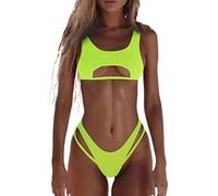 WEITING Sexy Bikini ausgehöhlter Damen-Badeanzug, hoher Schnitt, Mikro-Bademode, stilvoller Badeanzug, Strand-Outfits, 2-teilig, Neongelb, XL