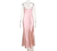 WEITING Sexy Satin Spaghettiträger Hight Split Langes Kleid Frauen Robe Elegante ärmellose rückenfreie Midi-Kleider Vestido-Rosa, M