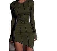 WEITING Sexy Solid Patchwork O Neck Minikleid Frauen Herbst Bodycon Langarm Slim Fit Elegant Party Club Grün, S