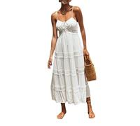 WEITING Sommer Damen Weiße Spitze Blume Hohl Lose Maxikleid Sexy V-Ausschnitt Spaghettiträger Club Urlaub Strand Party Lange Kleider - wie das Foto zeigt, L