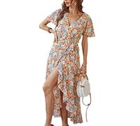 WEITING Sommer-Strandkleid mit Blumendruck und verstellbarem Gürtel, Boho-Damen, kurzärmelig, V-Ausschnitt, Rüschen, geteilt, Midi-A-Linien-Kleid, Orange, XL