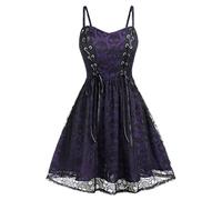 WEITING Spitze Totenkopf Gothic Kleid Damen ärmelloses Kleid mit hoher Taille Retro Punk Knielanges A-Linien Kleid Halloween-2-Lila,XXL