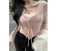 WEITING Süßer Strickpullover, Strickjacke, Damen, Frühling, Langarm, V-Ausschnitt, Crop-Top, weiblich, koreanische Mode, Rüschen, Kordelzug, Y2K-Pullover, Rosa, M