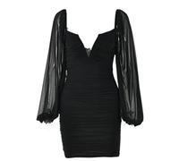 WEITING V-Ausschnitt Puffärmel Rüschenkleid Damen Party Doppelschicht Langarm Sexy Minikleider Elegante Femme Clubwear Kleidung-Schwarz, XL