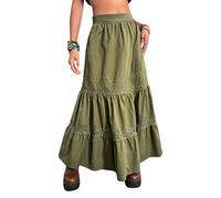 WEITING Vintage Damen Langer Faltenrock Hoch taillierter Midirock Spitze Patchwork Lose Sommer Damenrock-Armeegrün, S