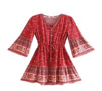 WEITING Vintage-schicke, modische Damen-Hippie-Blumendruck, V-Ausschnitt, böhmische Minikleider, Sommer-Damen-Strandkleid aus Baumwolle mit ausgestellten Ärmeln, Rot, M
