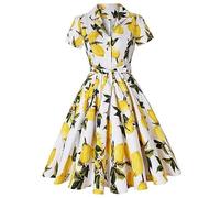 WEITING Weißes gelbes Zitronen-Blumenkleid, kurzärmeliges Baumwoll-Tunika-Weste, Elegantes Retro-Swing-Retro-Kleid für Damen, Kleid mit Zitronen-Print, M
