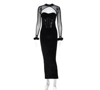 WEITING Winter Frauen Neue Plüsch Mesh Splice Sexy Nachtclub Stil aushöhlen Langes Kleid Schlankes Kleid-Schwarz, M