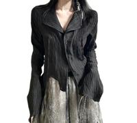 WEITING Y2K-Bluse mit plissierten Knöpfen, Schwarze Hemden für Damen, Koreanisches Dark Academia, enges Langarm-Top, Vintage-Stil, weiblich, Schwarz, S
