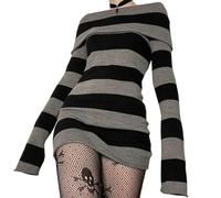 WEITING Y2K Gestreiftes Pullover-Minikleid, Mall Goth, Grunge, Emo, figurbetont, schick, schulterfrei, volle Ärmel, Slim-Fit-Kleider, 00er-Jahre, Vintage-Schwarz-M