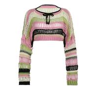 WEITING Y2k Stripe Hollow Out Fishnet Sweaters Smock Crop Tops Damen Oversize Pullover Grunge-Pink-S