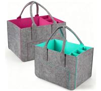 WEIWUXIAN 2 Stück 30L Groß Filztasche Einkaufstasche mit Fächern, Faltbar Filztaschen Shopper mit Stabile Henkel und Verschluss, Filz Einkaufskörbe Flaschentasche zur Einkaufen, Ausgehen (Rosa,Grün)